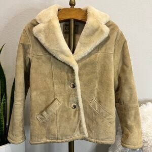 Vintage Guess Genuine Heavy Leather Faux Fur Lined Jacket Beige Women Size S